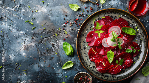 Composition with delicious beetroot carpaccio on grunge