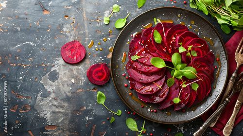 Composition with delicious beetroot carpaccio on grunge