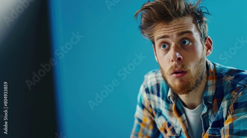 Portrait of confused man looking at computer screen. Puzzled employee, office worker, student or hipster feeling dumb and stupid trying to understand hard complicated stuff. copy space.