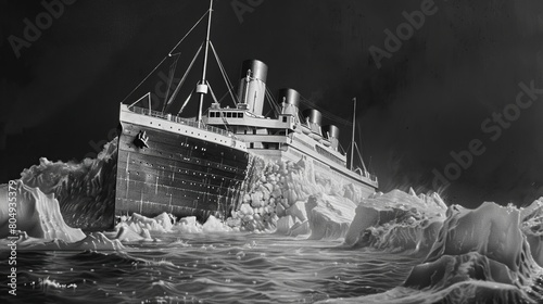 the Titanic ocean liner after it struck an iceberg in 1912 off the coast of Newfoundland in the Atlantic Ocean. copy space for text.