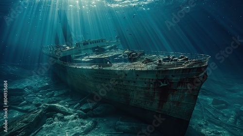 Titanic in the ocean sunlight. Image about story of Titanic. copy space for text.