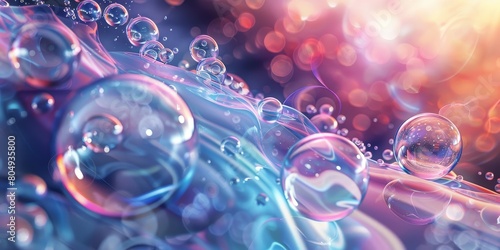 Multiple soap bubbles are seen floating on top of each other, creating a mesmerizing visual effect. The bubbles vary in size and appear translucent against a plain background