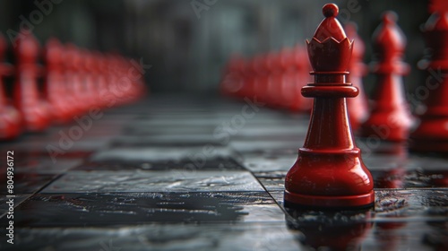 a distinct red chess piece standing on a chess board - symbol of leadership