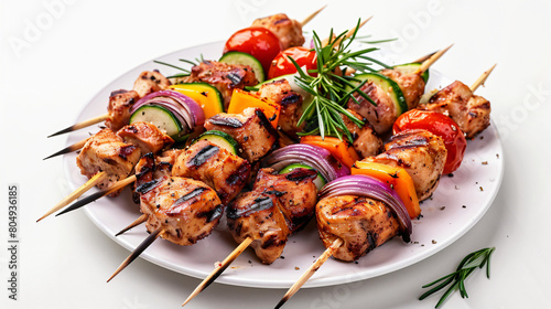 Plate of grilled chicken skewers with vegetables isola