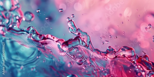 Vibrant water bubbles with iridescent colors are clustered on a pink and blue background, creating a dynamic and playful visual composition