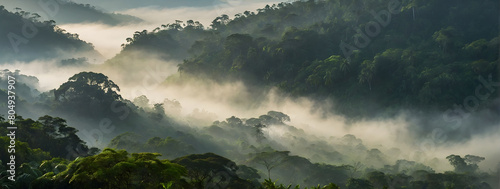 A compelling representation of a misty rainforest landscape, urging for increased conservation efforts, decisive action on climate change, and the advancement of renewable energy technologies.