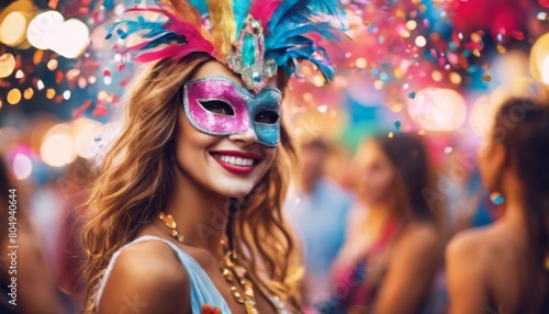 'enjoy women Beautiful carnival ready Smiling confetti colorful mask. night. dressed brazilian brazil masquerade friends samba girl festive accessory adult background brunet'