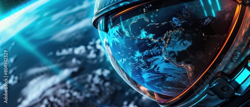 Close up of a space helmet visor reflecting the earth, space exploration theme