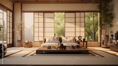 A zen-inspired living room with Japanese shoji screens, tatami mats, and bonsai trees, creating a serene and harmonious space for relaxation.
