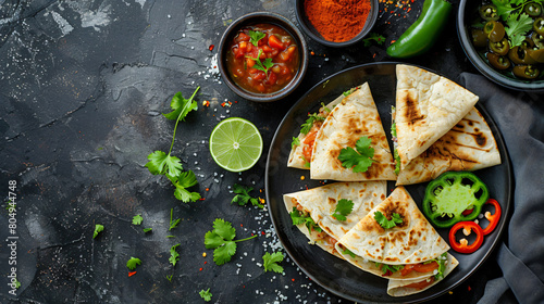 Plates with tasty quesadillas lime sauce and pickled 