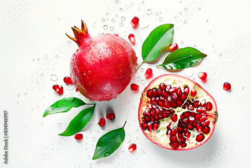 Pomegranate with water drops and leaves isolated on a white background. Red sweet fruit