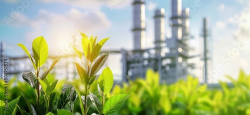 Green plants in the foreground with an industrial plant and blue skies in the background, depicting a contrast. Created with Generative AI