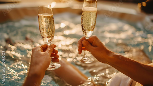  Closeup of hands clinking champagne glasses in a jacuzzi, focusing on the glass and bubbles with a blurred spa setting background, captured with a Nikon D850 for high-resolution details in warm ambie