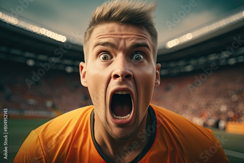 Passionate soccer player yelling in stadium