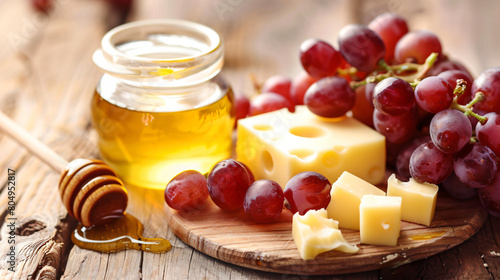 Ripe grapes cheese and honey on wooden background 