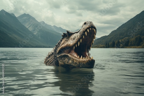 Ferocious prehistoric crocodile emerging from mountain lake