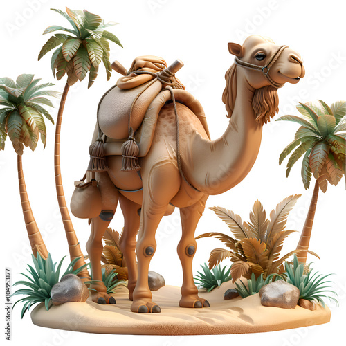 A 3D animated cartoon render of a curious camel showing explorers a secret paradise.