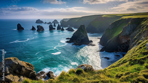 The striking beauty of the Cornwall coast beaches with high cliffs 