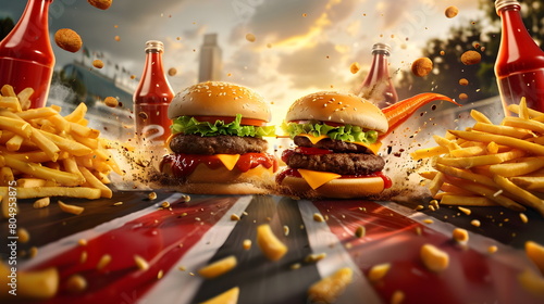 Hamburger Rally / Coole Fast Food Action Illustration / Animiertes Fast Food Wallpaper / Hamburger Poster / Ai-Ki generiert