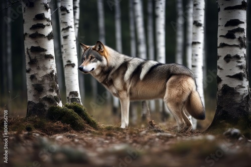 'birch wolf grey tree canis lupus next canino predator animal mammal creature wildlife outside outdoors winter snow nature natural'
