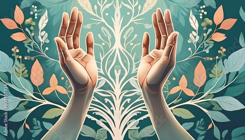 An illustration depicting the concept of mindfulness with two open hands facing upwards in a gesture of acceptance and peace, symbolizing the practice of embracing the present moment without judgment.
