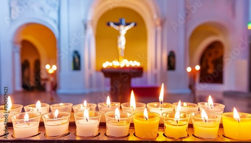 Candles in church with altar in background. Beautiful catholic or Lutheran cathedral with many lit candles as prayer or memory symbol. Beautiful lights in Christian basilica and crucifix in background