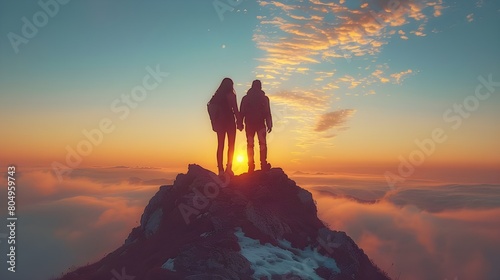 Silhouette of a couple hiking and holding hands on the top of mountain at beautiful sunrise. Together overcoming obstacles, celebrating success and achievements.