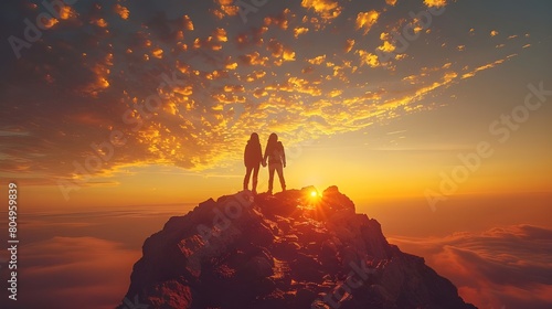 Silhouette of a couple hiking and holding hands on the top of mountain at beautiful sunrise. Together overcoming obstacles, celebrating success and achievements. 