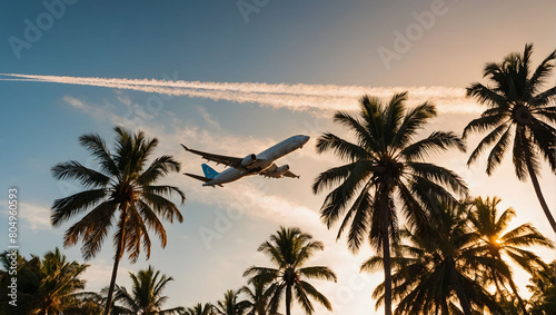 An airplane soars above swaying palm trees against a backdrop of a clear sunset sky, with sun rays casting a golden glow.