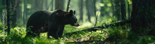 A large black bear walks through a dense forest