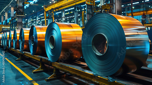 A Close Up of Factory with Rolls of Steel Industrial photography capturing steel manufacturing, machinery, and heated coils.
