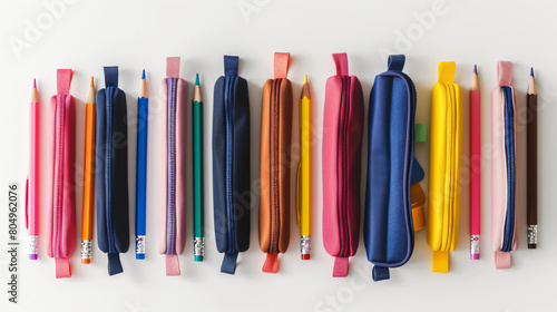 Set of pencil cases with school stationery on white background