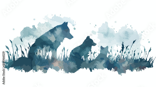Wolves couple and cub over grass illustration in watercolor