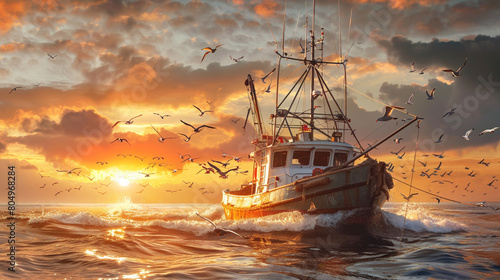 fishing trawler returning to port at sunrise its hull laden with bounty of freshly caught fish with seagulls trailing in its wake and the golden hues of dawn painting the sky and sewith warmth 