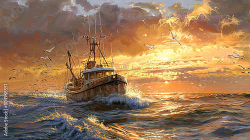 fishing trawler returning to port at sunrise its hull laden with bounty of freshly caught fish with seagulls trailing in its wake and the golden hues of dawn painting the sky and sewith warmth