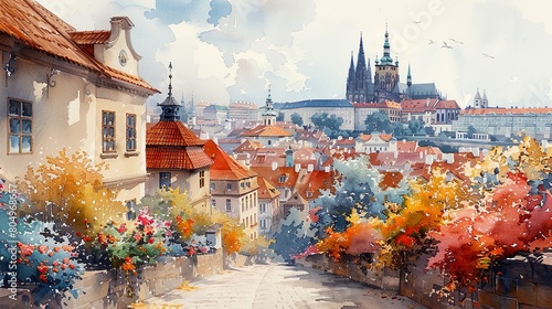 Prague streets with windows and houses and flowers in watercolor style