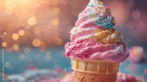Ice cream cone with little cup cake decorated with frosting and round sprinkles with sprinkles scattered on fastive blured lights background - birthday background with copy space