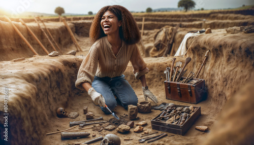 female African American archaeologist at an excavation site, showing mixture of excitement and focus