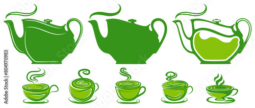 set collections Matcha tea icon. teapot with green tea. tea cup matcha logo. herbal tea design vector illustration
