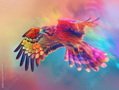 A digital painting of a hawk with vibrant rainbow feathers is flying through a colorful sky.