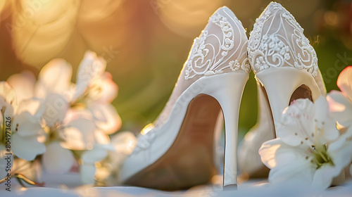 Wedding bride's wedding shoes white heels with flowers and bokeh light