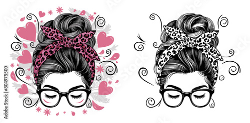 2024 mother day motherhood vector design, messy bun hair mama wildflowers illustrastion with leopard patteern