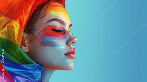 A beautiful girl with makeup in the colors of the pride flag on a blue background.