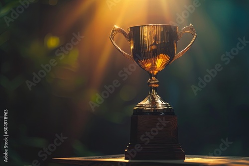 A trophy gleaming under a spotlight on a pedestal, representing achievement and recognition in the pursuit of success , macro