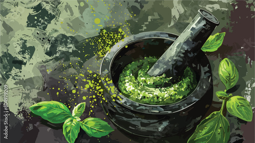 Mortar and pestle with fresh pesto sauce on grunge background