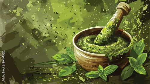 Mortar and pestle with fresh pesto sauce on grunge background