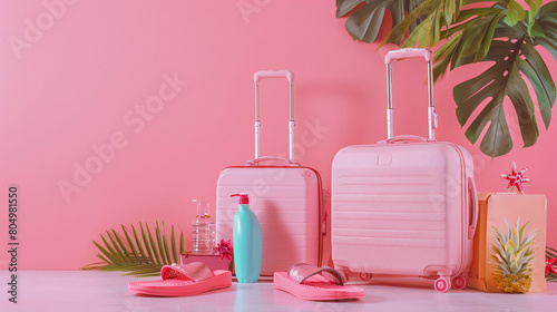 Suitcases flippers bottle of sunscreen and documents