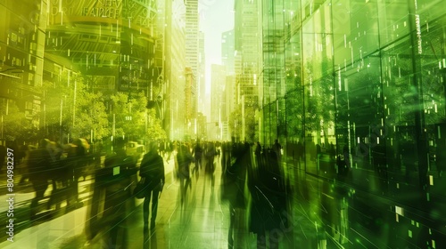 Sustainability in business center concept, business people crowd walking at corporate office in green city downtown, Abstract motion blur image, blurred background, Generative AI 