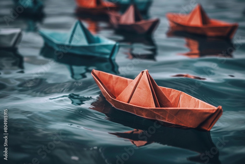 An array of paper boats with one leading in a different direction, symbolizing leadership and the courage to chart a new course 