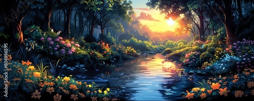 A beautiful landscape painting of a forest with a river running through it